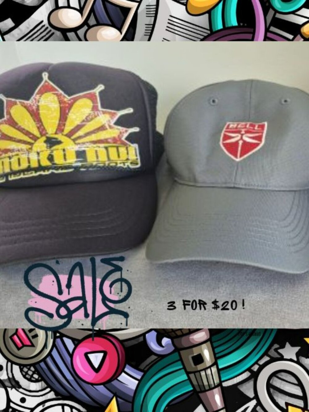 3 Baseball caps  Moku Nui Hawaii Tattoo, and 2 Bell Helicopter Hats